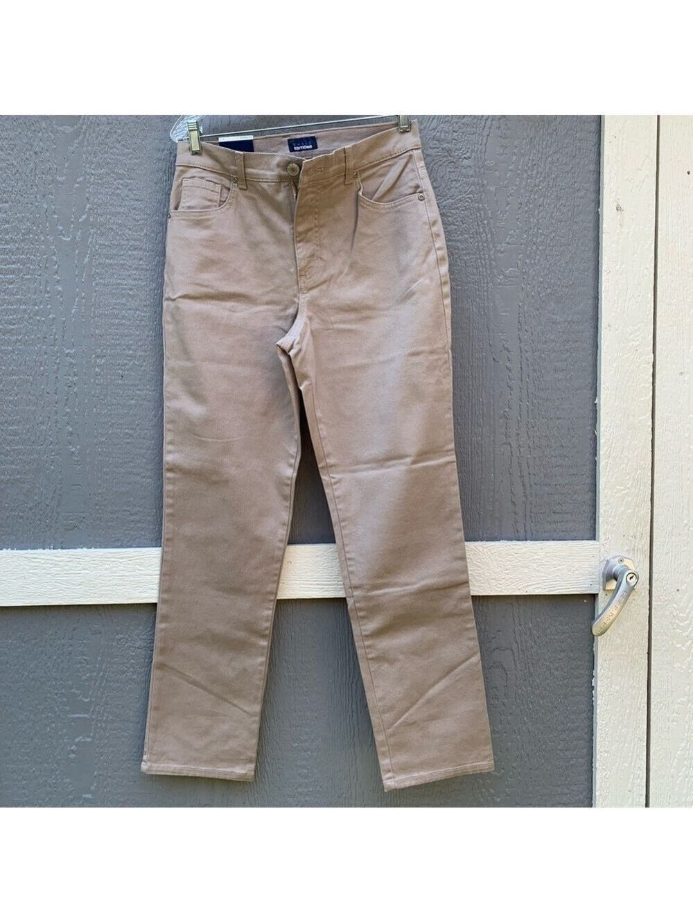 Khaki tan classic five pocket straight leg denim mom jean neutral minimalist